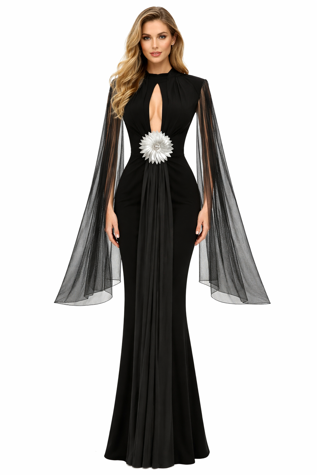 Mesh Sleeves Maxi Velvet Dress Black