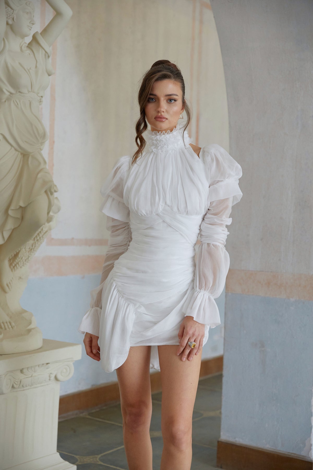 White Asymmetrical Ruched Mini Dress