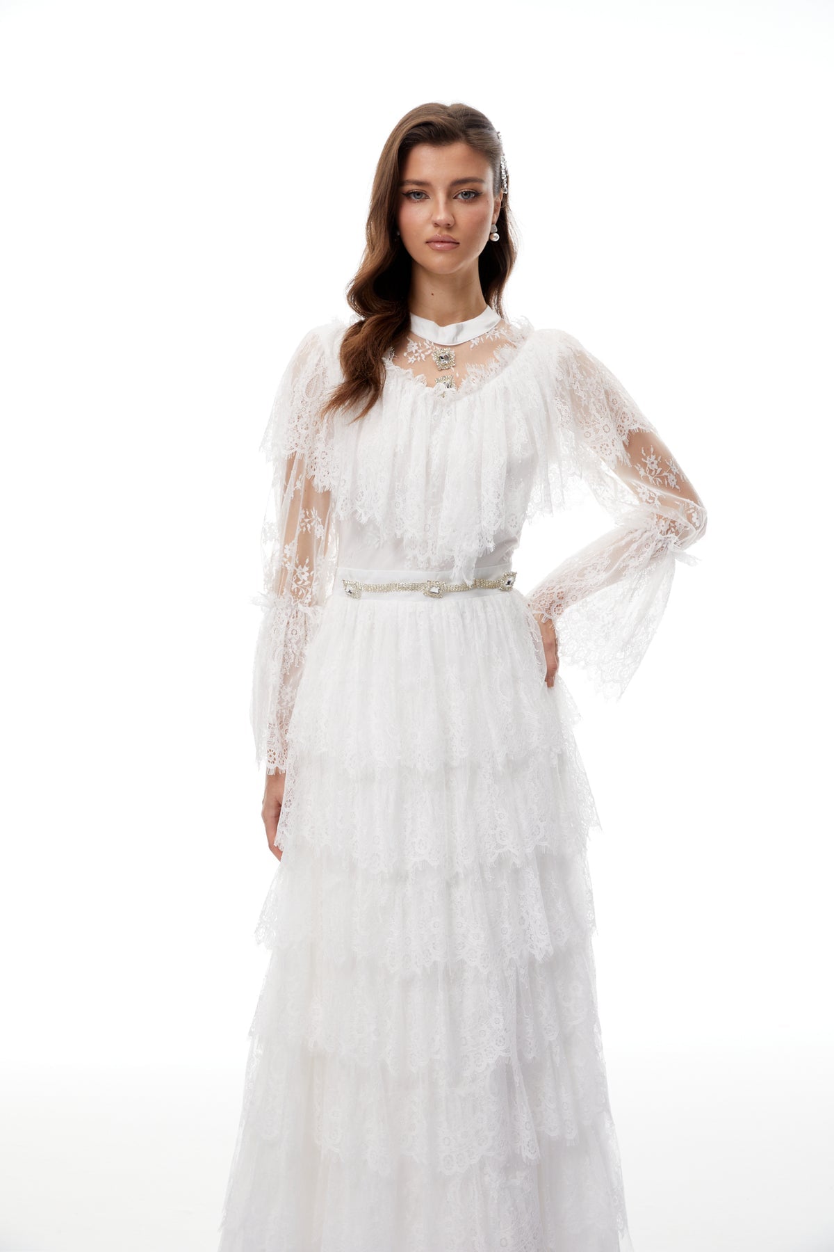White Floral Lace Tiered Maxi Dress