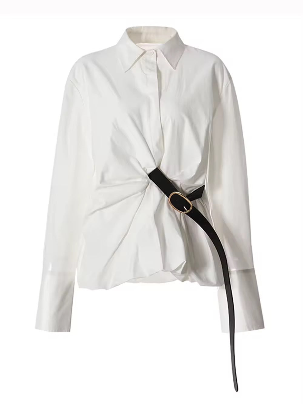 Belt Buckle Design Long Sleeve Lapel Blouse Loose Top