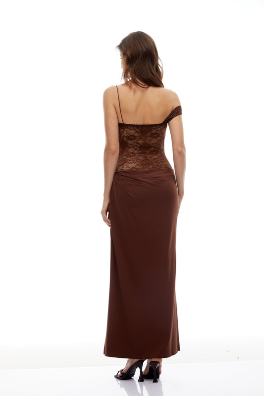 Brown Lace Panel Asymmetrical Maxi Dress
