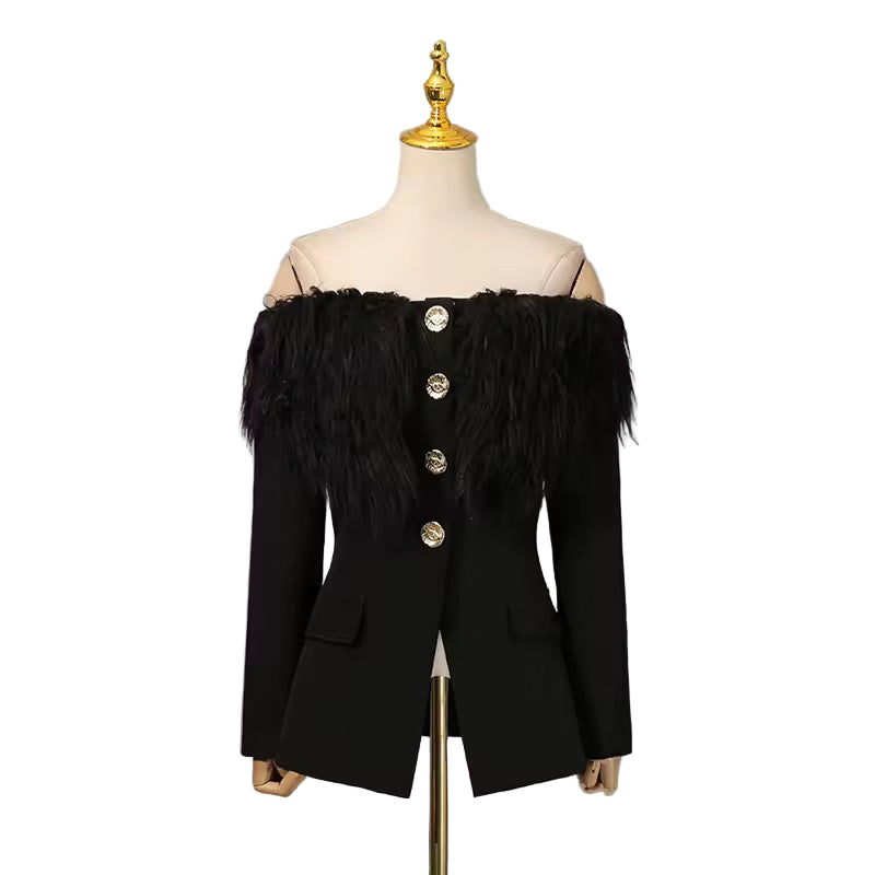 Black Off Shoulder Fur Trim Blazer