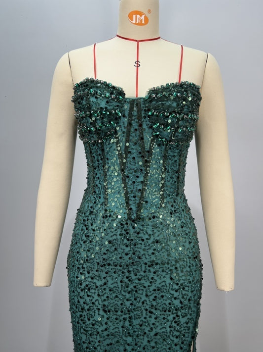 Beading Slim Bag Hip Split Ladies Fashion Party Dress