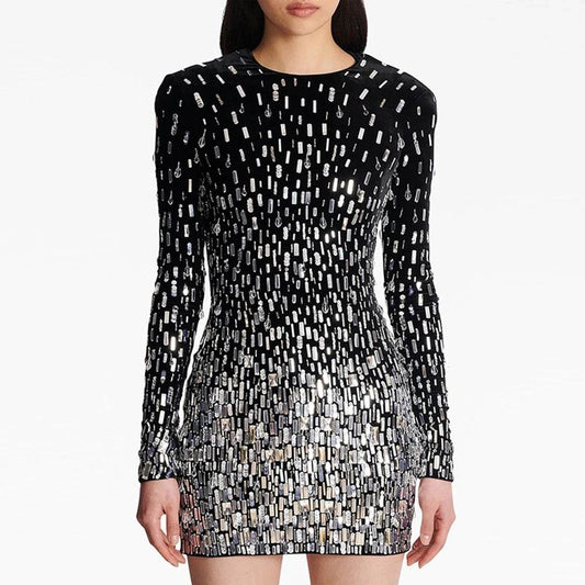 Long sleeved Diamond Sequin Beaded Tight Mini Dress - REBECATHELABEL