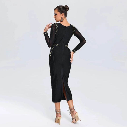 Round Neck Long Sleeve Metal Button Tight Bandage Dress - REBECATHELABEL