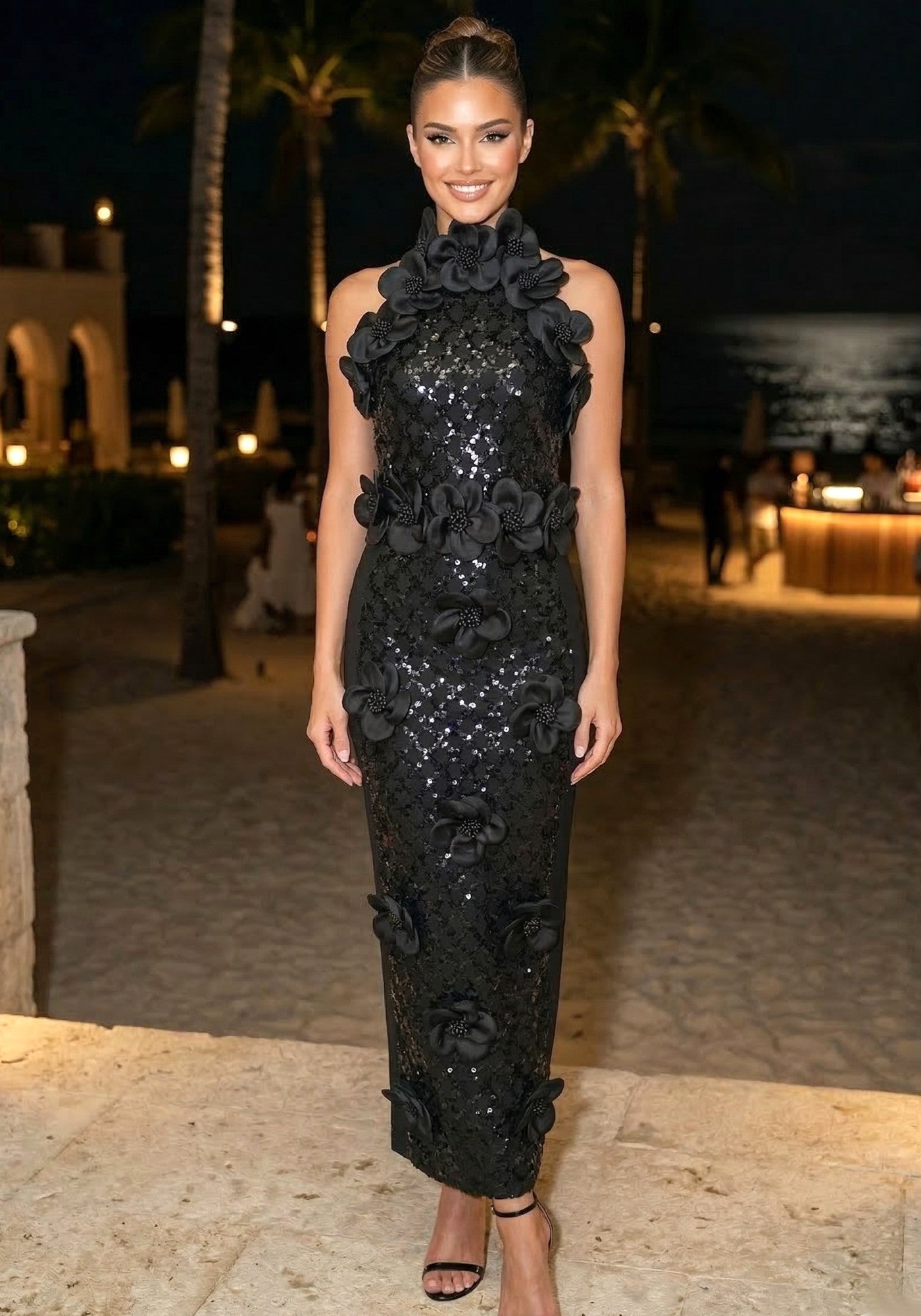 Floral Sequin Maxi Dress Black