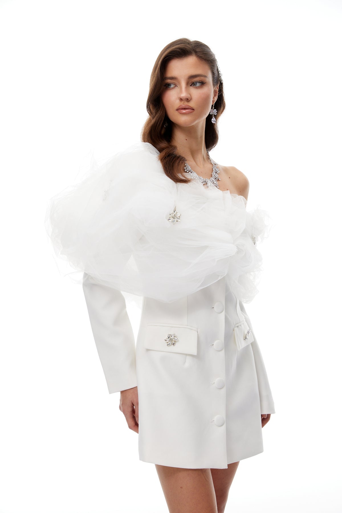 White Tulle Panel Mini Blazer Dress