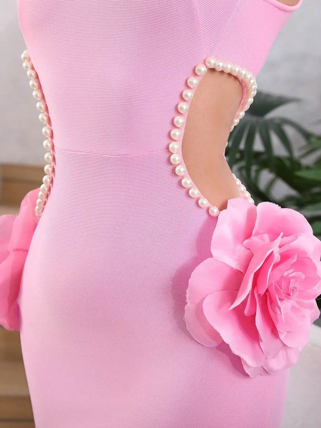 Hollow Pearl 3D Flower Decoration Tight Long Bandage Dress - REBECATHELABEL