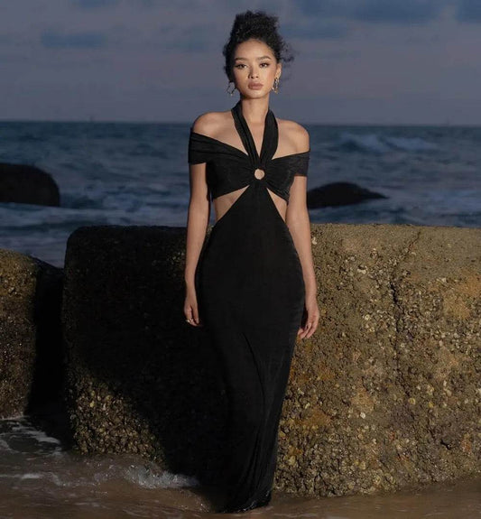 Backless Slinky Ring Details Hollow Bardot Maxi Dress - REBECATHELABEL