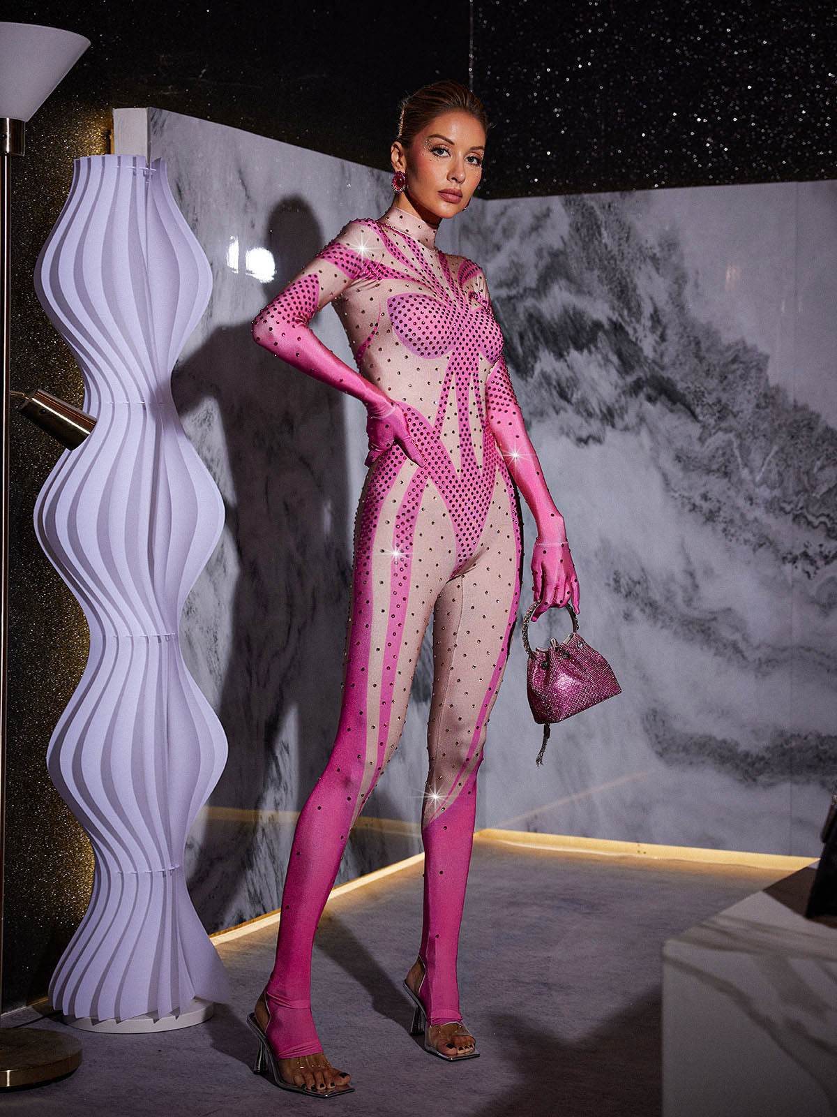 Rhinestone Printed Gloves Jumpsuit - REBECATHELABEL