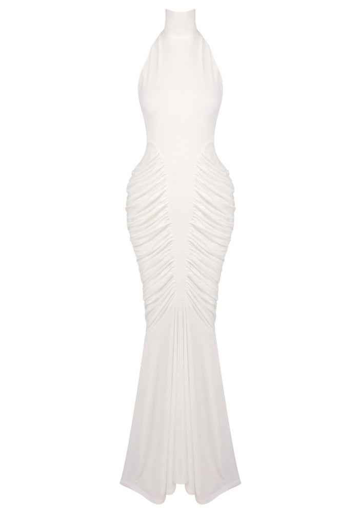 Halter Draped Backless Maxi Dress White