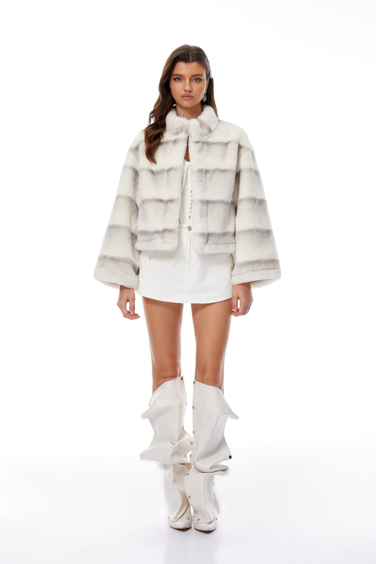 White Gradient Faux Fur Short Coat
