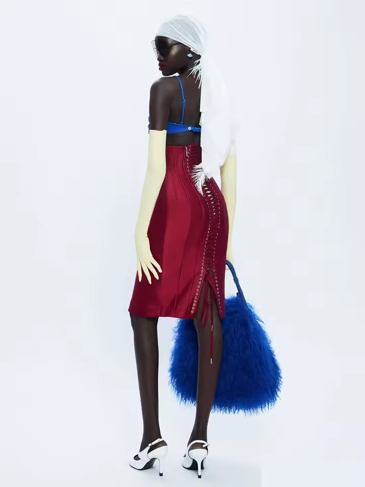 Corset Skirt Two Piece Set Sexy Beading Crop Top + Lace-Up Midi Slim Skirts Suits