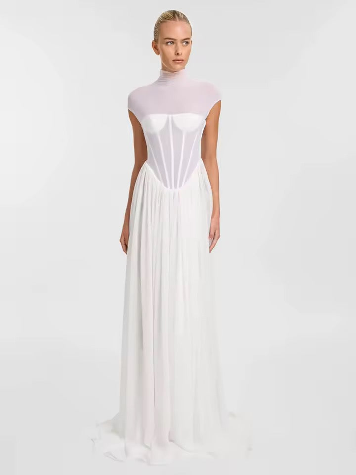 See Through Mesh Slim Fit Oversized Hem Long Maxi Dress