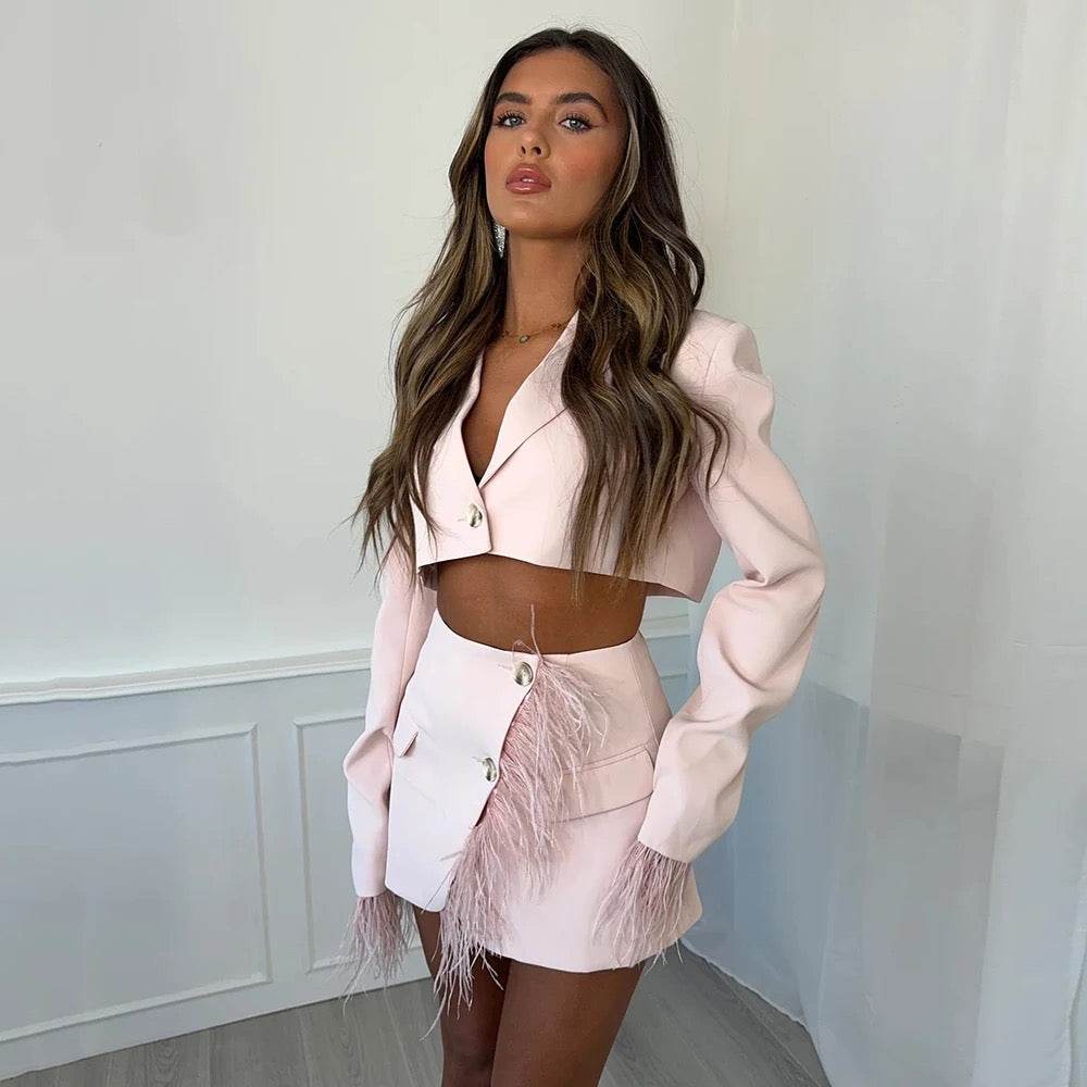 Feather Two piece Set Long sleeved Suit - REBECATHELABEL