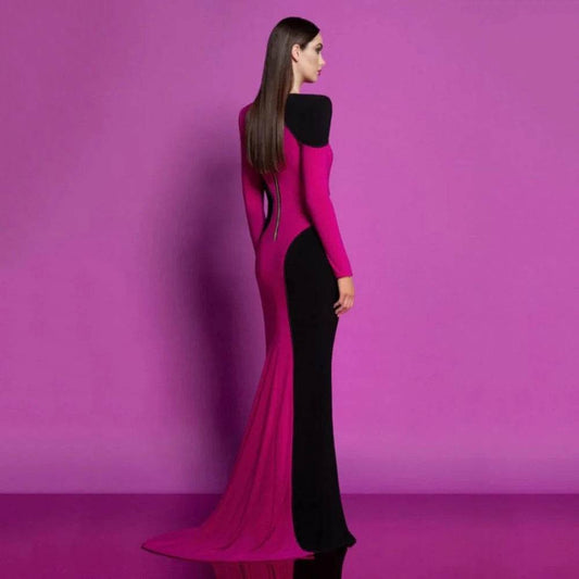 Color Block Long Sleeve Tight Long Bandage Dress - REBECATHELABEL