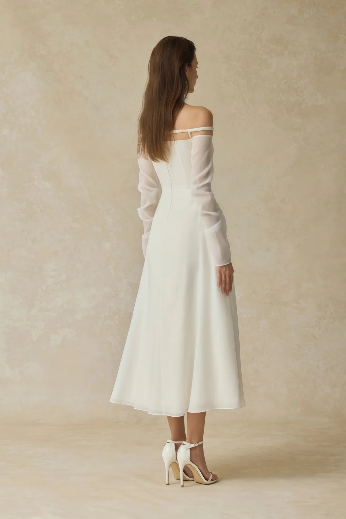 White Gathered Crepe Midi Dress