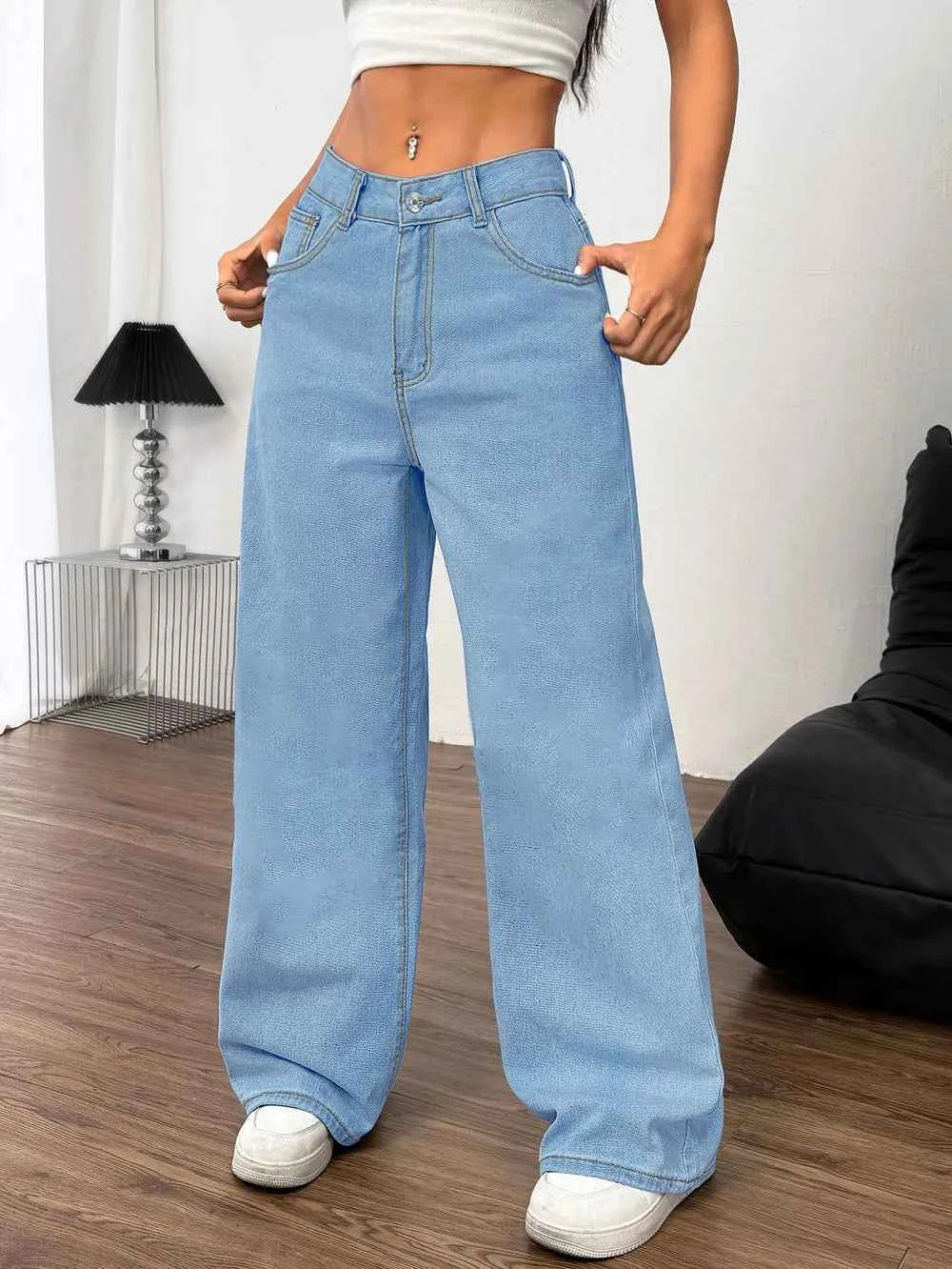 Embroidered Bow Back Wide Leg Jeans