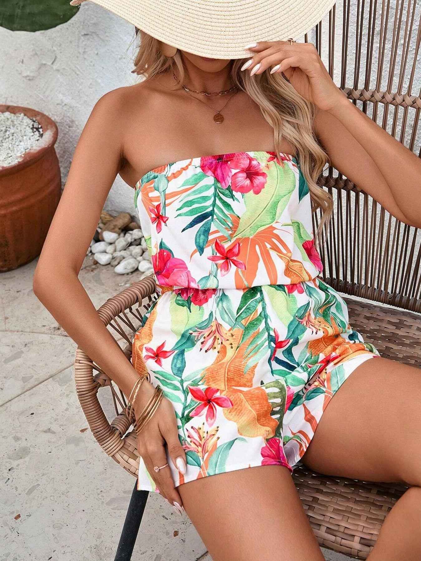 Tropical Print Strapless Elastic Waist Romper