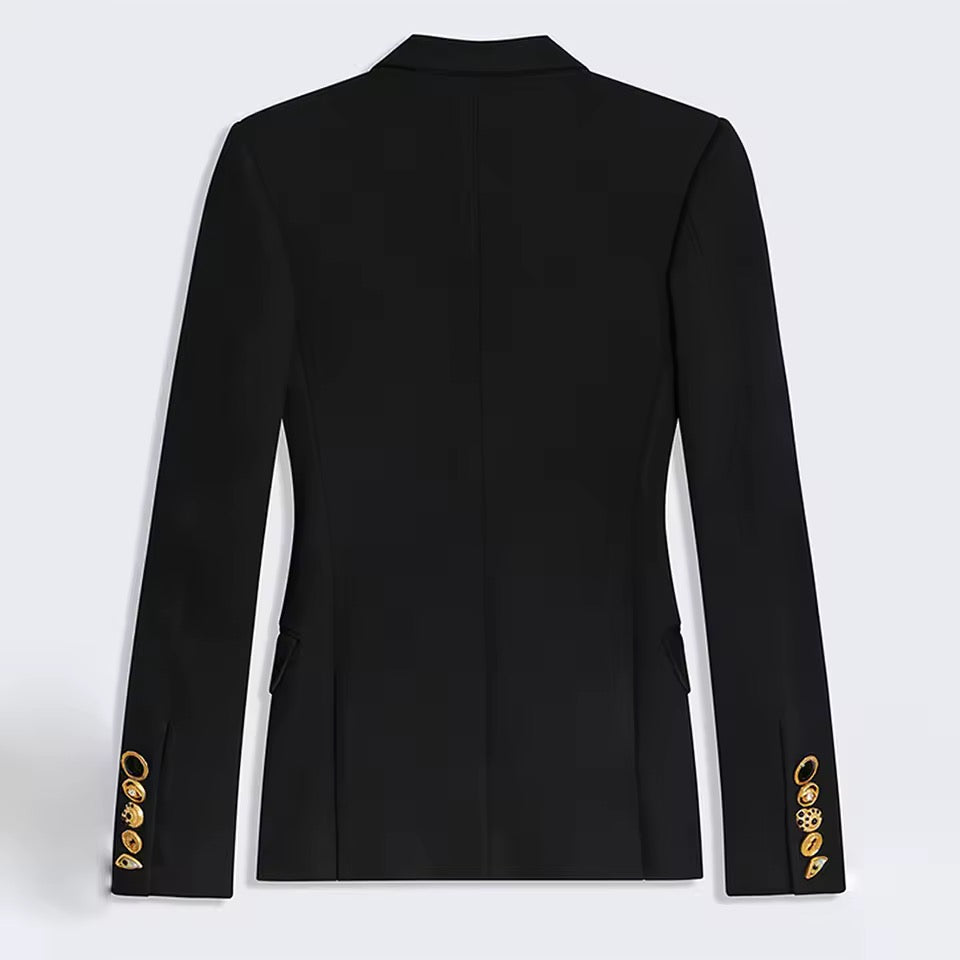 Black Spliced Button Jacket Female Lapel Long Sleeve Slimming Office blazer