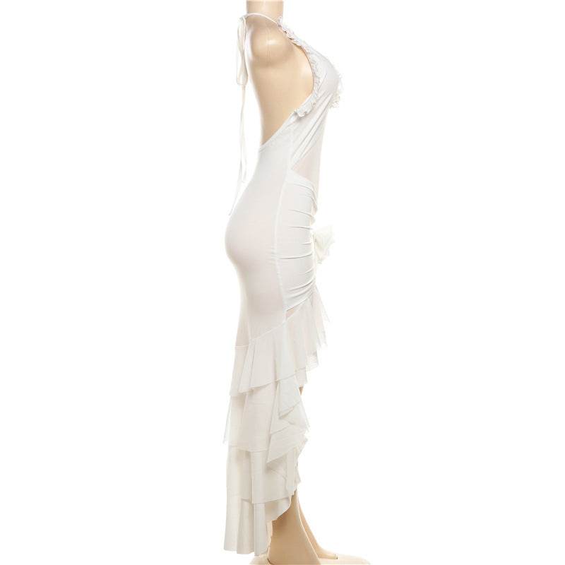 Halter Backless Slim Fit Solid Color Ruffles Dress - REBECATHELABEL