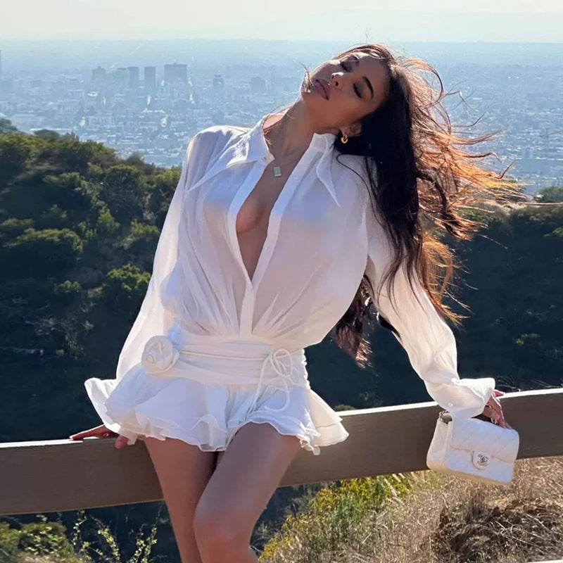 Polo Collar V Neck Flared Sleeves Voile Slim Fit Dress - REBECATHELABEL