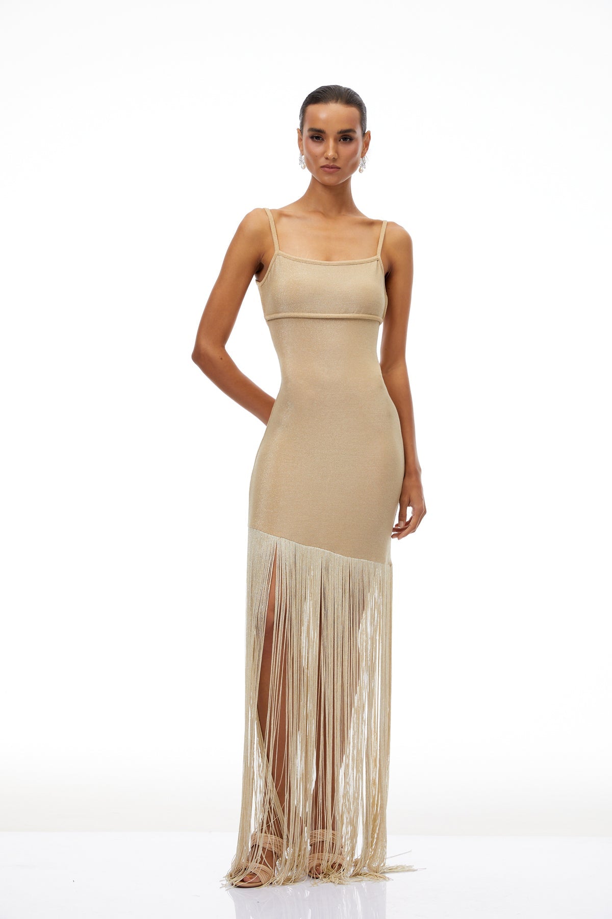 Khaki Fringed Knit Maxi Dress