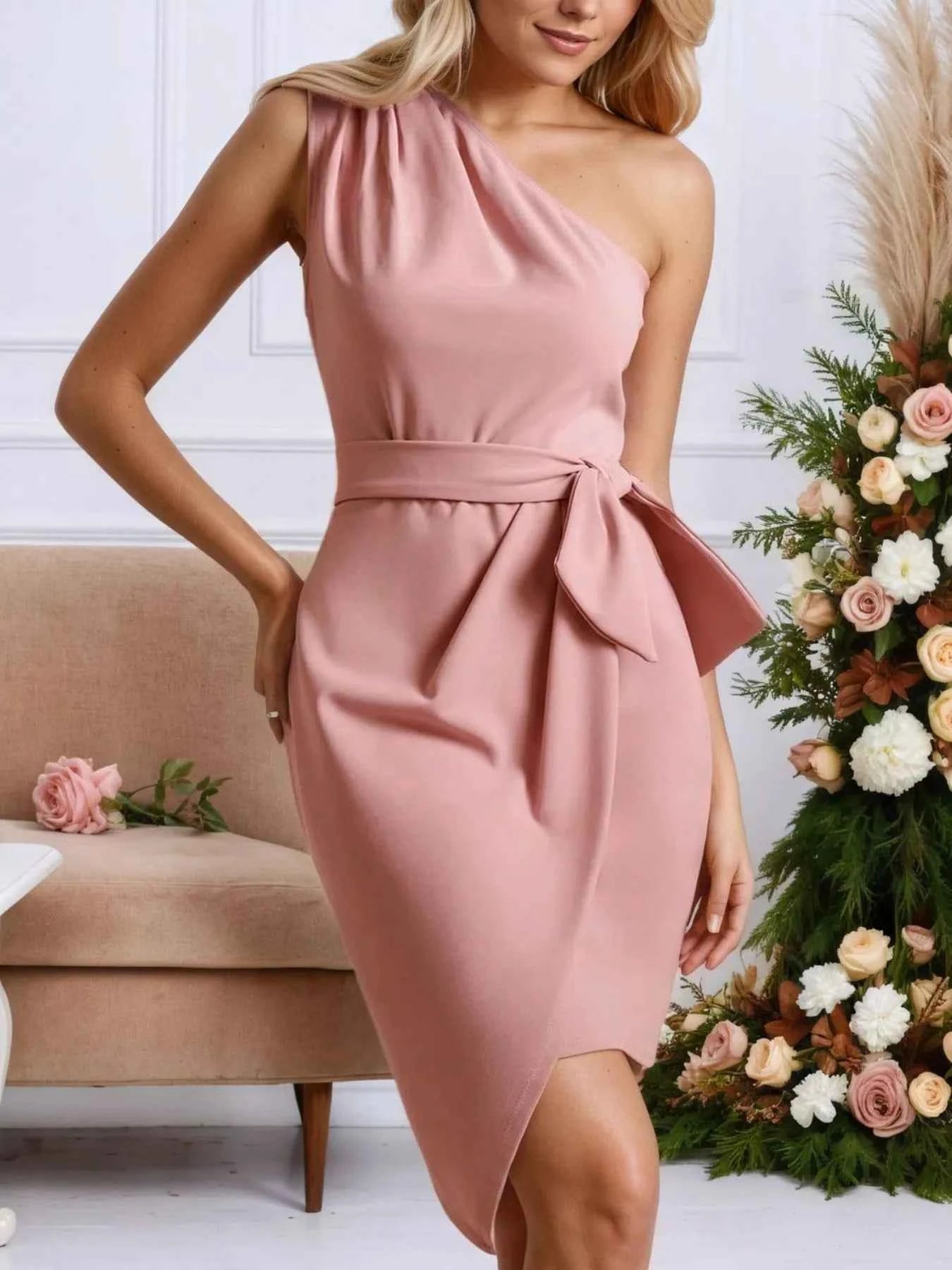 One-Shoulder Wrap Dress with Bow Detail