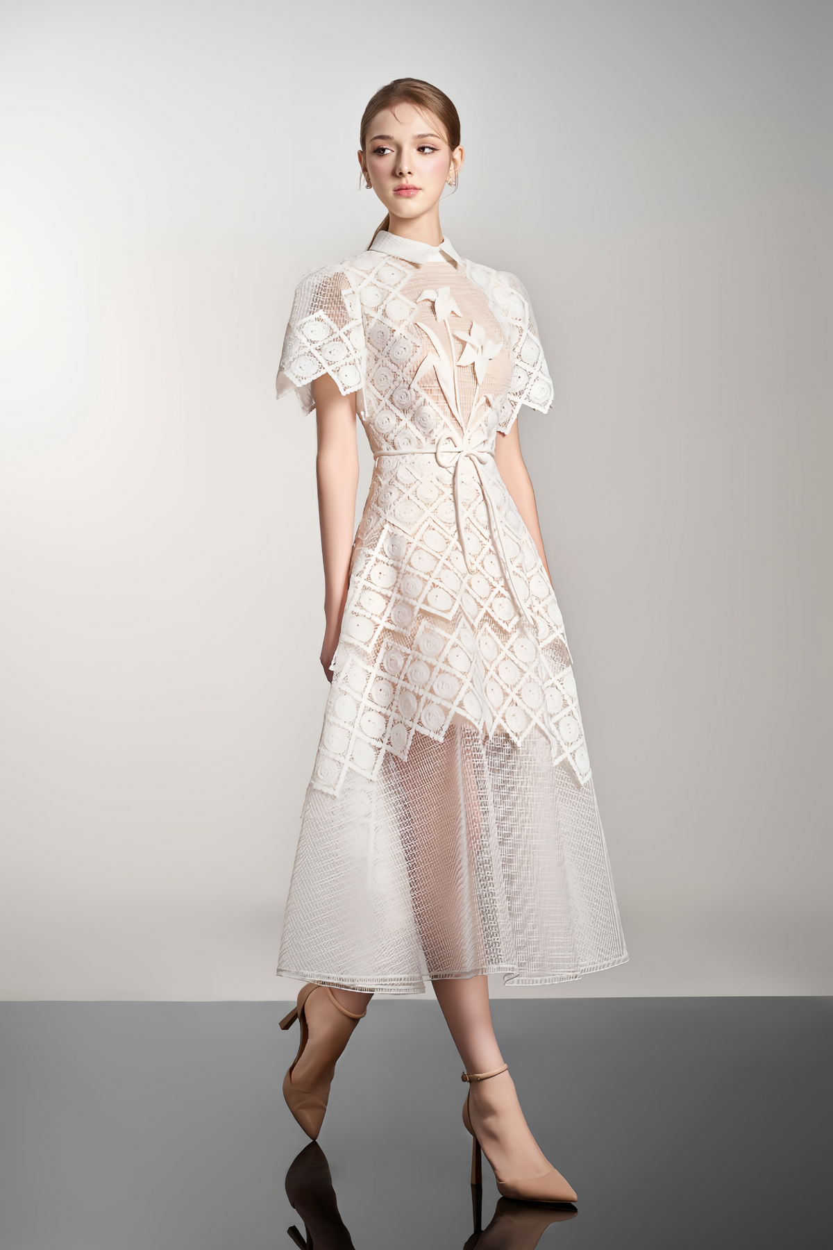 White Floral-embroidered Midi Dress