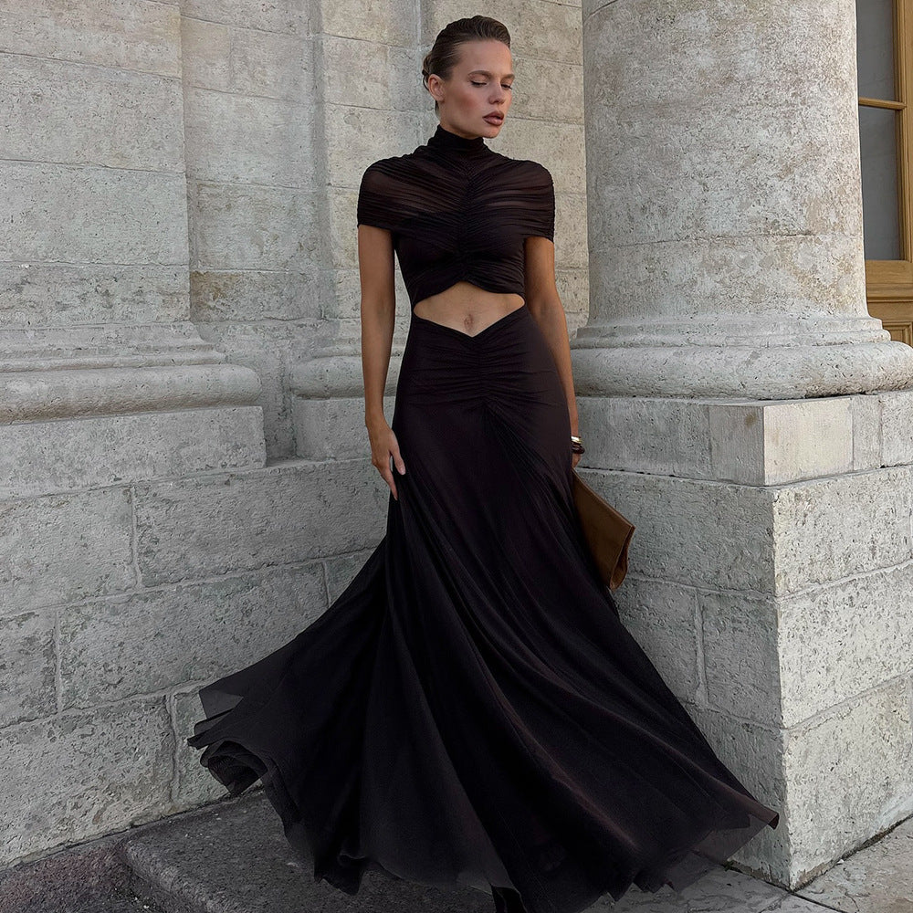 Ruched Brown Hollow Out Maxi Dress