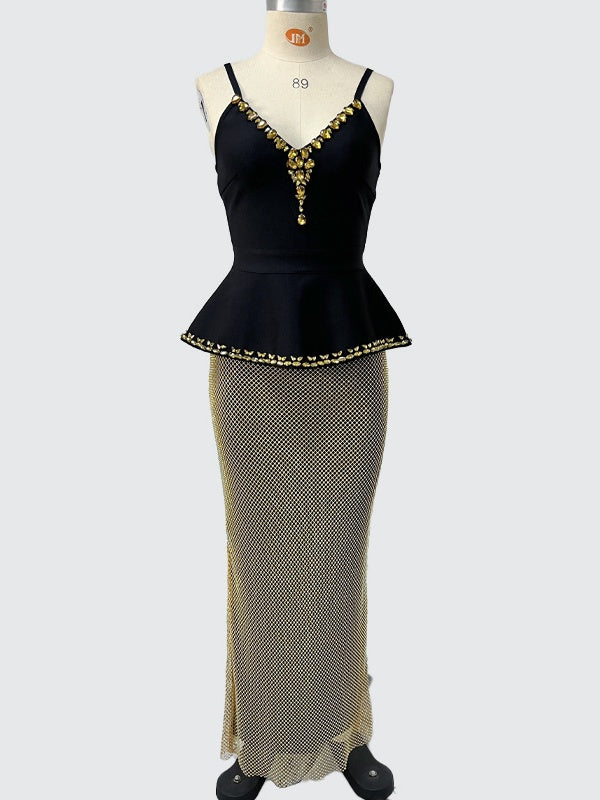 Black-Gold Spaghetti Strap Two-Piece Maxi Dress