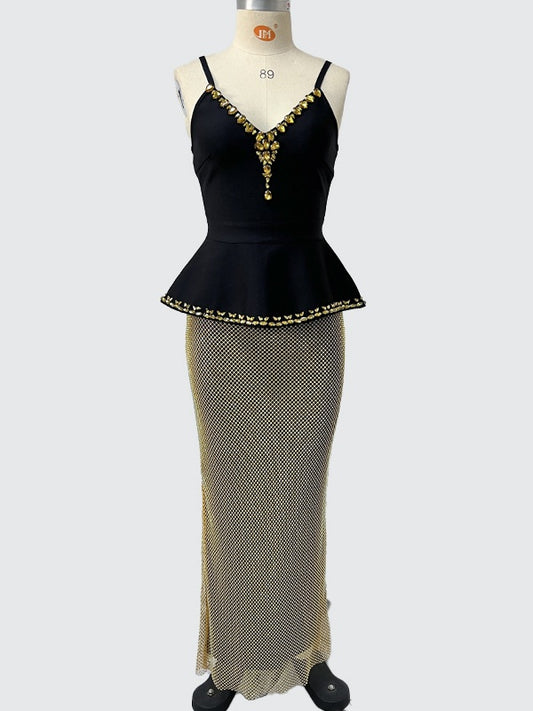 Black-Gold Spaghetti Strap Two-Piece Maxi Dress