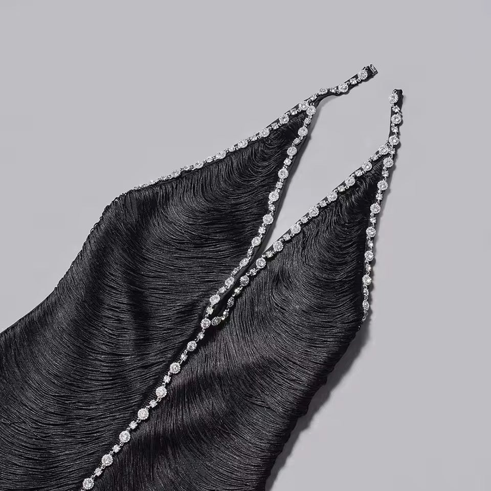 Diamonds Tassels Balck Sexy Halter Backless Bandage Midi Dress