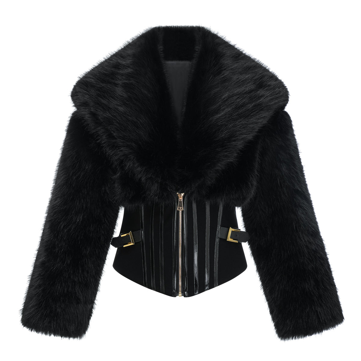 Black Faux-Fur Corset Panel Jacket