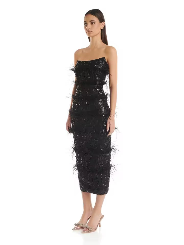 Sleeveless Feather Strapless Backless Sequin Maxi Dress