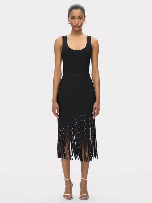 Crystal Tassel Temperament Suspender Bodycon Waisted Sexy Midi Dress - REBECATHELABEL