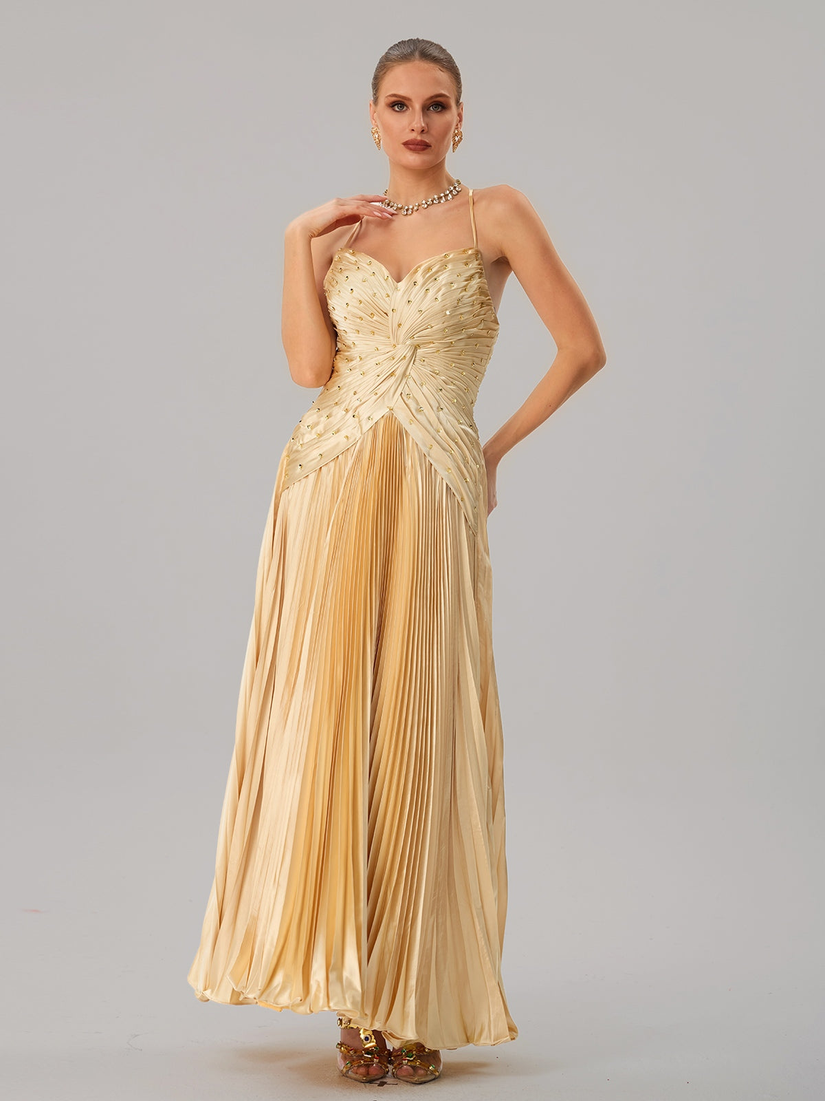 Spaghetti Twisted Pleated Maxi Dress
