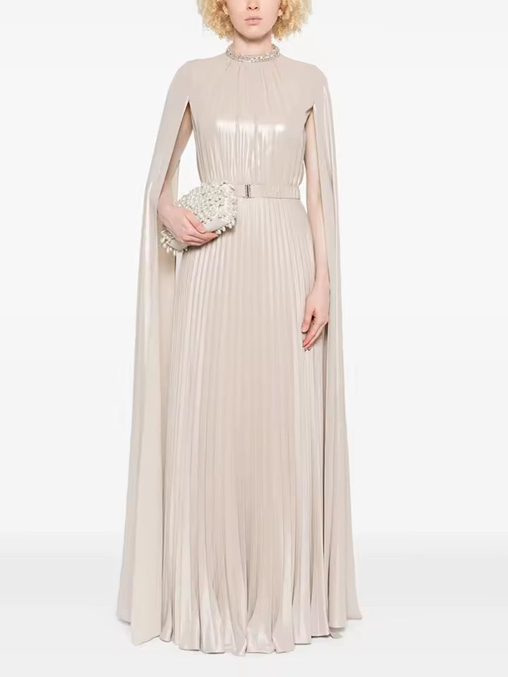 Floor Long Cape Sleeves Diamond Slimming Pleated Long Dress