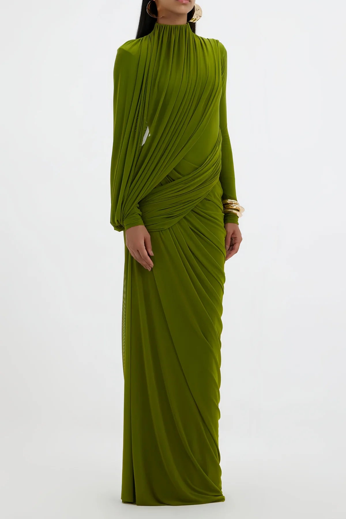 Green Asymmetrical Ruched Maxi Dress