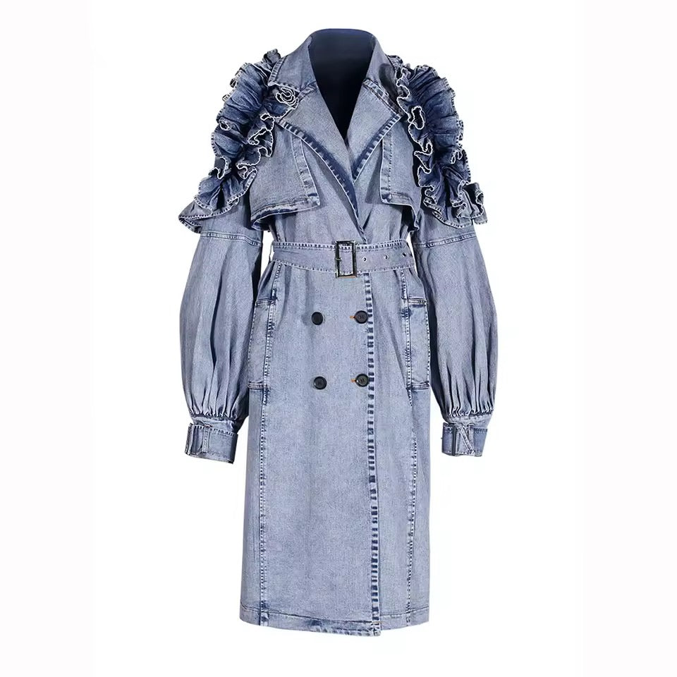 Oversized Blue Long Denim Trench Coat