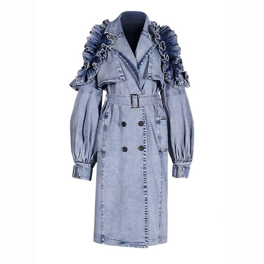 Oversized Blue Long Denim Trench Coat