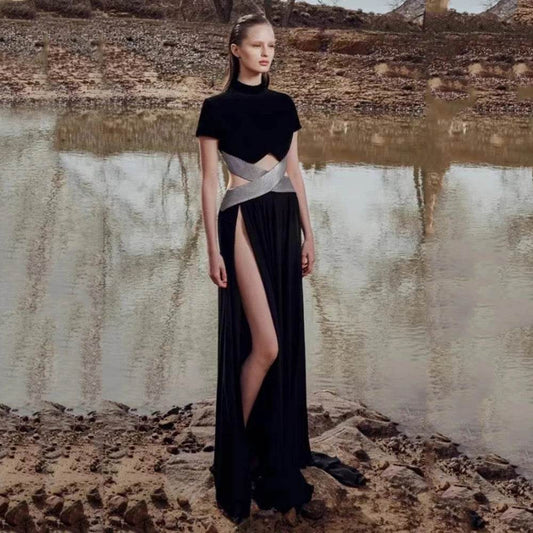 Short sleeved Hollow Diamond Sexy Backless Tight Long Bandage dress - REBECATHELABEL