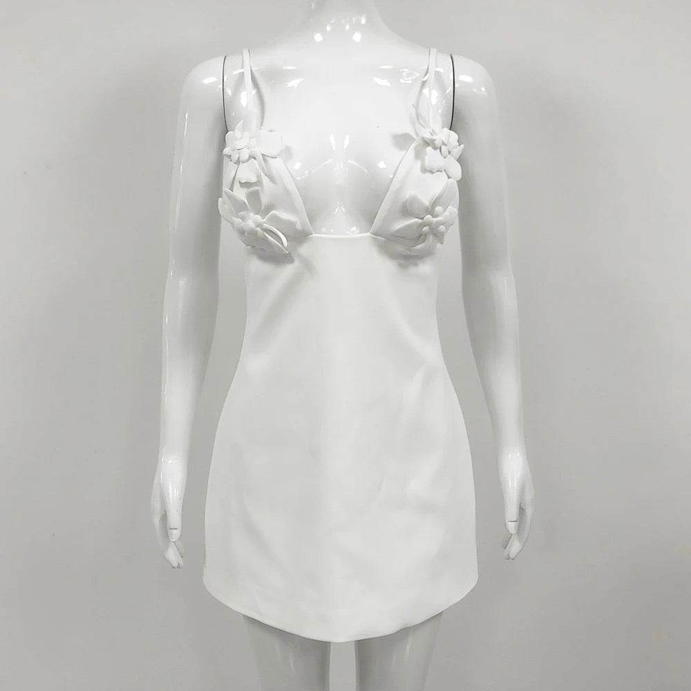 3D Flower Sexy V-neck Backless Sleeveless Tight Mini Dress - REBECATHELABEL