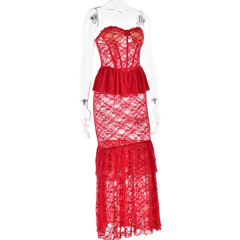 Lace See through Tube Top Fishtail Dress - REBECATHELABEL