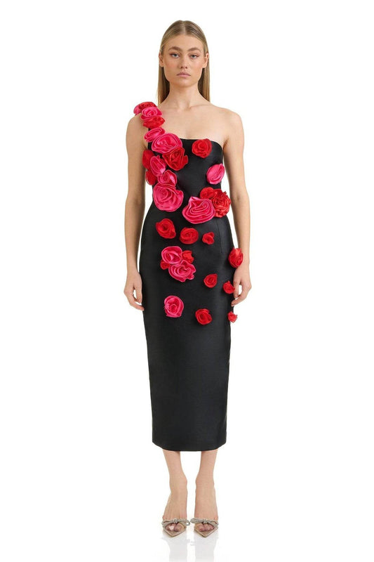 One Shoulder Sleeveless 3D Flower Tight Midi Bandage Dress - REBECATHELABEL