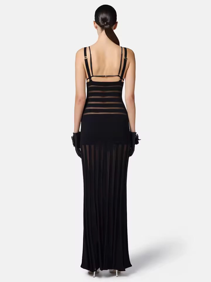 Deep V Backless Hollowed Out Slim Fit See Through Evening Maxi Dress