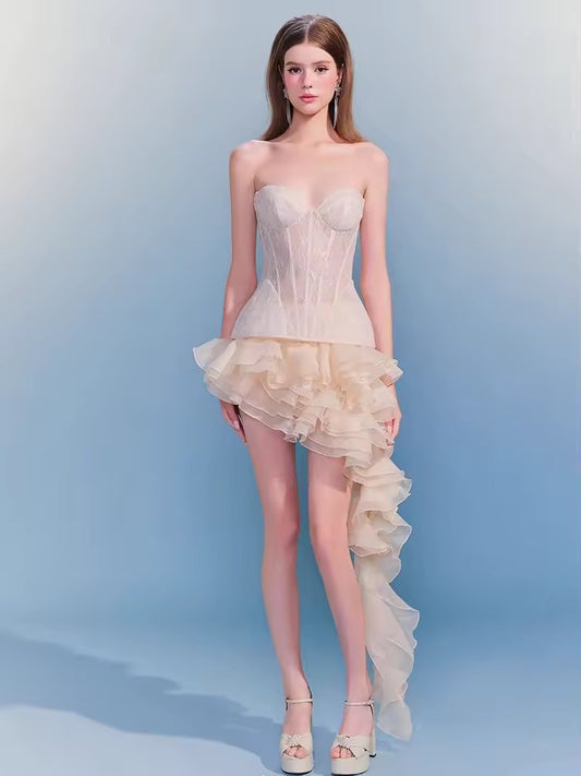 Strapless Draped Mini Skirts Two Piece Sets Lace Corset Top + Ruffles Skirt Suits