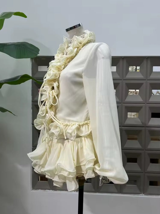 Culottes Two Piece Set Sexy Lace-up Ruffles Long Sleeves Top + Diamonds Mini Skirts Suits