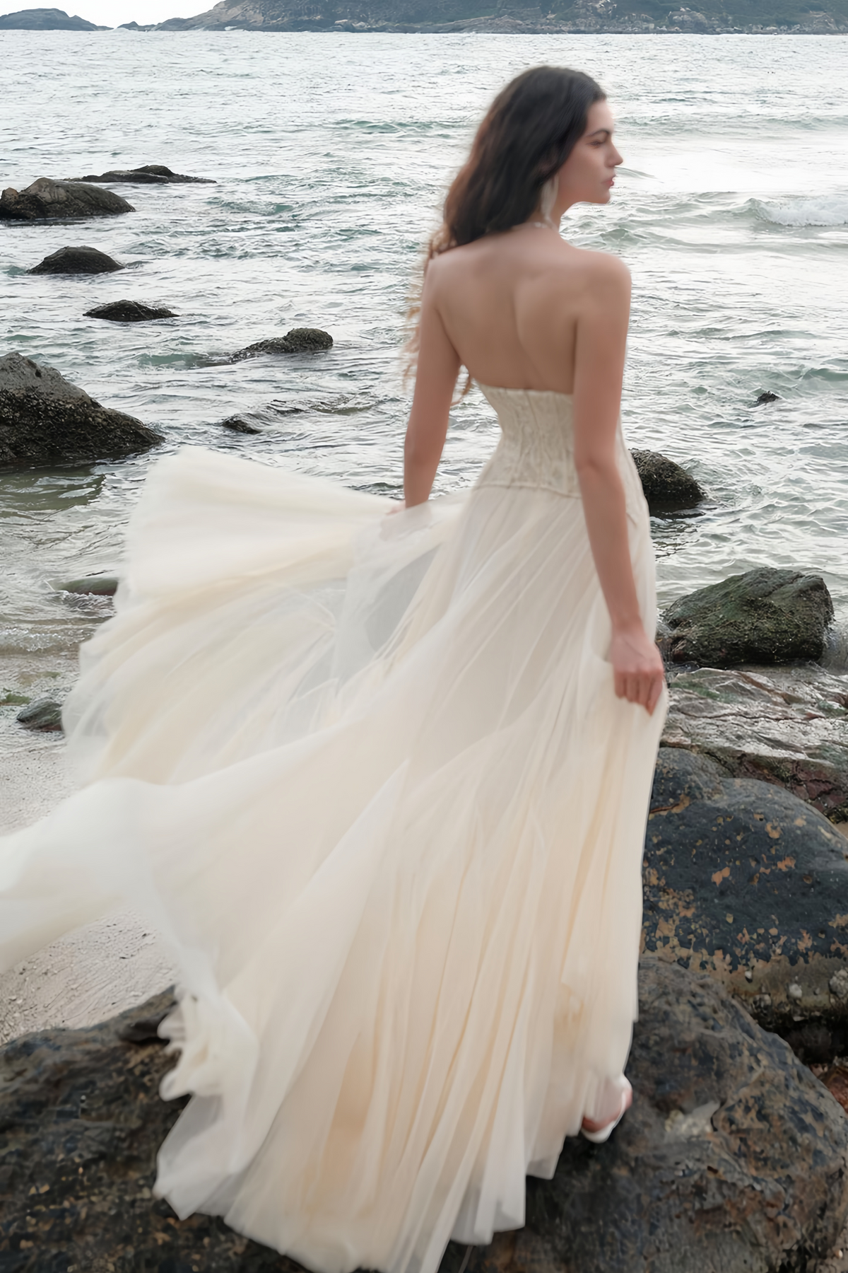 Beige Lace Corset Tulle Maxi Dress
