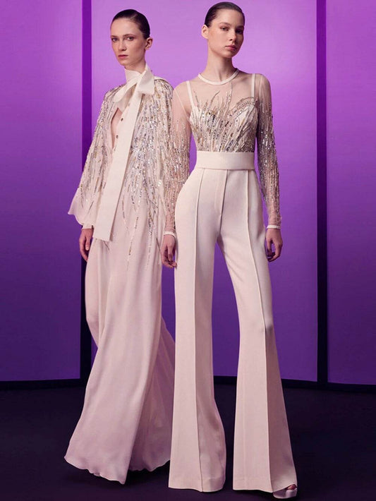 White Pearl Sequin Embroidered jumpsuit - REBECATHELABEL